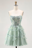 Sparkly Dusty Sage Tiered Strapless Short Cocktail Dress