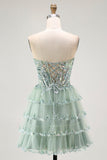 Sparkly Dusty Sage Tiered Strapless Short Cocktail Dress