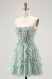 Sparkly Dusty Sage Tiered Strapless Short Cocktail Dress