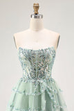 Sparkly Dusty Sage Tiered Strapless Short Cocktail Dress