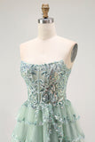 Sparkly Dusty Sage Tiered Strapless Short Cocktail Dress