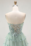 Sparkly Dusty Sage Tiered Strapless Short Cocktail Dress