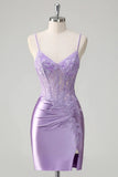 Lilac Floral Corset Tight Short Cocktail Dress with Slit