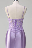 Lilac Floral Corset Tight Short Cocktail Dress with Slit