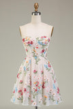Ivory Corset A Line Short Floral Cocktail Dress