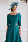 Peacock Green Midi A Line Mother of the Bride Dress with Beading