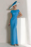 Blue Ruched Boat Neck Long Mother of the Bride Dress with Sleeves