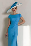 Blue Ruched Boat Neck Long Mother of the Bride Dress with Sleeves