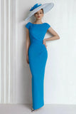 Blue Boat Neck Maxi Mother of the Bride Dress with Sleeves
