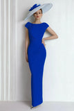 Blue Boat Neck Maxi Mother of the Bride Dress with Sleeves