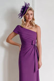 Grape Chiffon One Shoulder Midi Mother of the Bride Dress with Bow