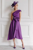 Grape A Line Midi One Shoulder Mother of the Bride Dress with Bow