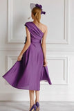 Grape A Line Midi One Shoulder Mother of the Bride Dress with Bow