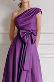 Grape A Line Midi One Shoulder Mother of the Bride Dress with Bow