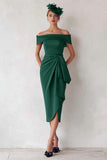 Dark Green Satin Sheath Off the Shoulder Midi Mother of the Bride Dress