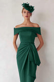 Dark Green Satin Sheath Off the Shoulder Midi Mother of the Bride Dress