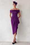 Dark Green Satin Sheath Off the Shoulder Midi Mother of the Bride Dress