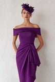 Dark Green Satin Sheath Off the Shoulder Midi Mother of the Bride Dress