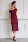 Burgundy Sheath One Shoulder Midi Mother of the Bride Dress