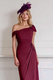 Burgundy Sheath One Shoulder Midi Mother of the Bride Dress