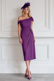 Burgundy Sheath One Shoulder Midi Mother of the Bride Dress