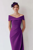 Grape Sheath Off the Shoulder Midi Mother of the Bride Dress with Slit
