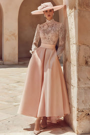 Candy Pink A Line High Neck Long Mother of the Bride Dress with Lace