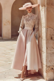 Candy Pink A Line High Neck Long Mother of the Bride Dress with Lace