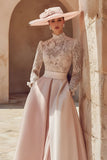 Candy Pink A Line High Neck Long Mother of the Bride Dress with Lace