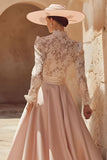 Candy Pink A Line High Neck Long Mother of the Bride Dress with Lace