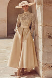 Candy Pink High Neck A Line Long Mother of the Bride Dress with Lace