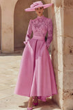 Candy Pink A Line High Neck Long Mother of the Bride Dress with Lace