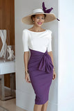 Grape Scoop Neck Sheath Midi Mother of the Bride Dress with Sleeves