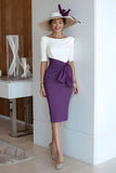 Grape Scoop Neck Sheath Midi Mother of the Bride Dress with Sleeves