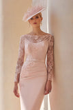 Blush Pink Bodycon Illusion Boat Neck Midi Mother of the Bride Dress with Lace