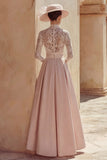 Candy Pink Long High Neck Mother of the Bride Dress with Lace
