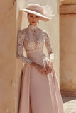 Candy Pink Long High Neck Mother of the Bride Dress with Lace