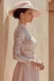 Candy Pink Long High Neck Mother of the Bride Dress with Lace