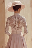 Candy Pink Long High Neck Mother of the Bride Dress with Lace