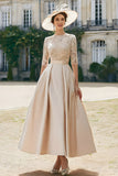 Blush Pink Satin A Line Maxi Mother of the Bride Dress with Lace