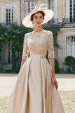 Blush Pink Satin A Line Maxi Mother of the Bride Dress with Lace