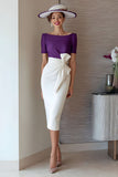 Grape Sheath Boat Neck Midi Mother of the Bride Dress with Bow