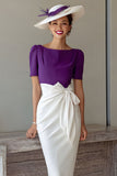 Grape Sheath Boat Neck Midi Mother of the Bride Dress with Bow