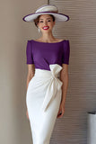 Grape Sheath Boat Neck Midi Mother of the Bride Dress with Bow