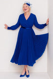 Dark Blue V-Neck Pleated Maxi Mother of the Bride Dress with Sleeves