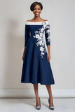 Navy A Line Floral Midi Mother of the Bride Dress with Sleeves