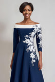 Navy A Line Floral Midi Mother of the Bride Dress with Sleeves