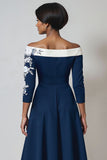 Navy A Line Floral Midi Mother of the Bride Dress with Sleeves