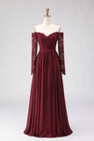 Cabernet Chiffon A Line Maxi Mother of the Bride Dress with Lace