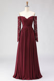 Cabernet A Line Maxi Chiffon Mother of the Bride Dress with Lace